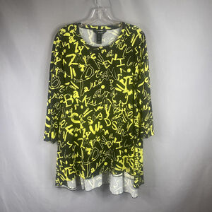 Ali Miles Tunic Top Black Yellow Graphic Graffitti Print Artsy Pullover XL